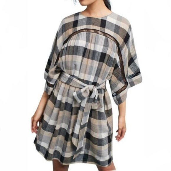 Anthropologie Maeve Buffalo Plaid Mini Dress / Kimono Tunic with Belt Tie Waist - Picture 2 of 16